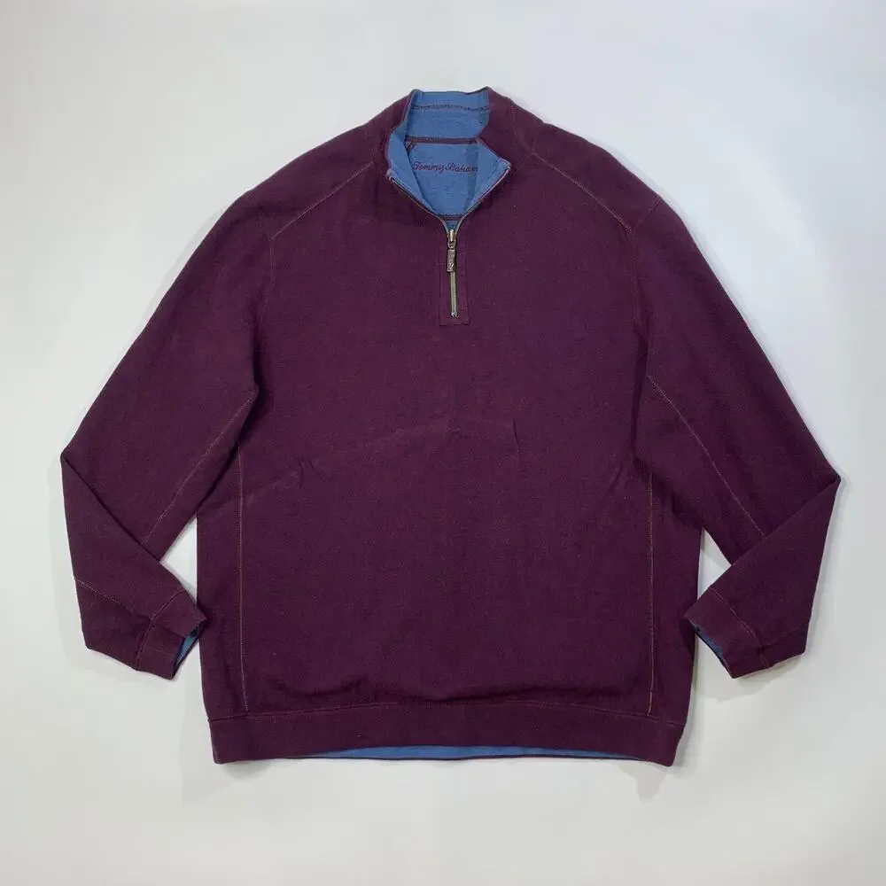 Tommy Bahama Sweater Mens XL Purple Blue Reversible Half Zip Knit Pullover